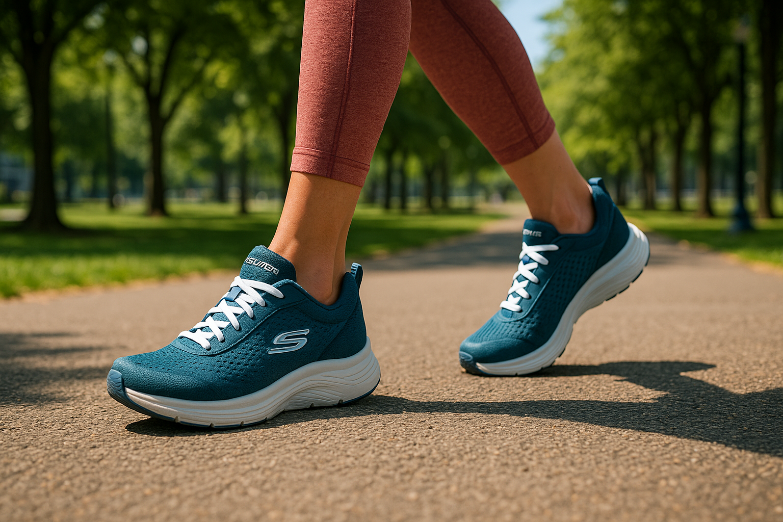 tênis Skechers caminhada em parque com conforto e saúde