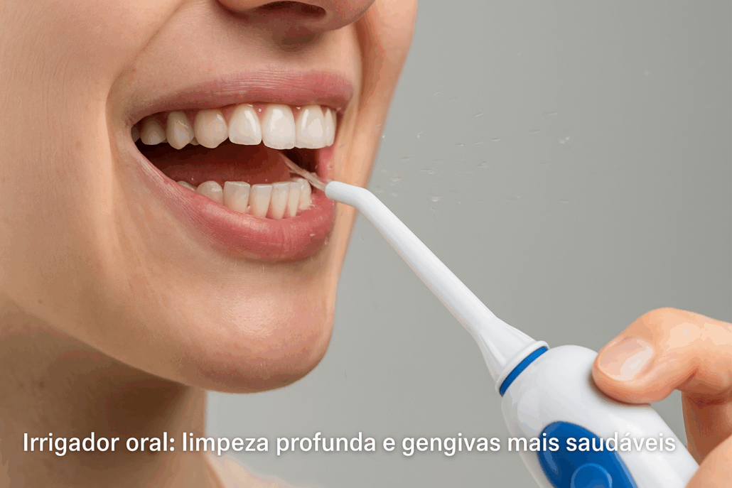 irrigador oral em uso para limpeza dos dentes