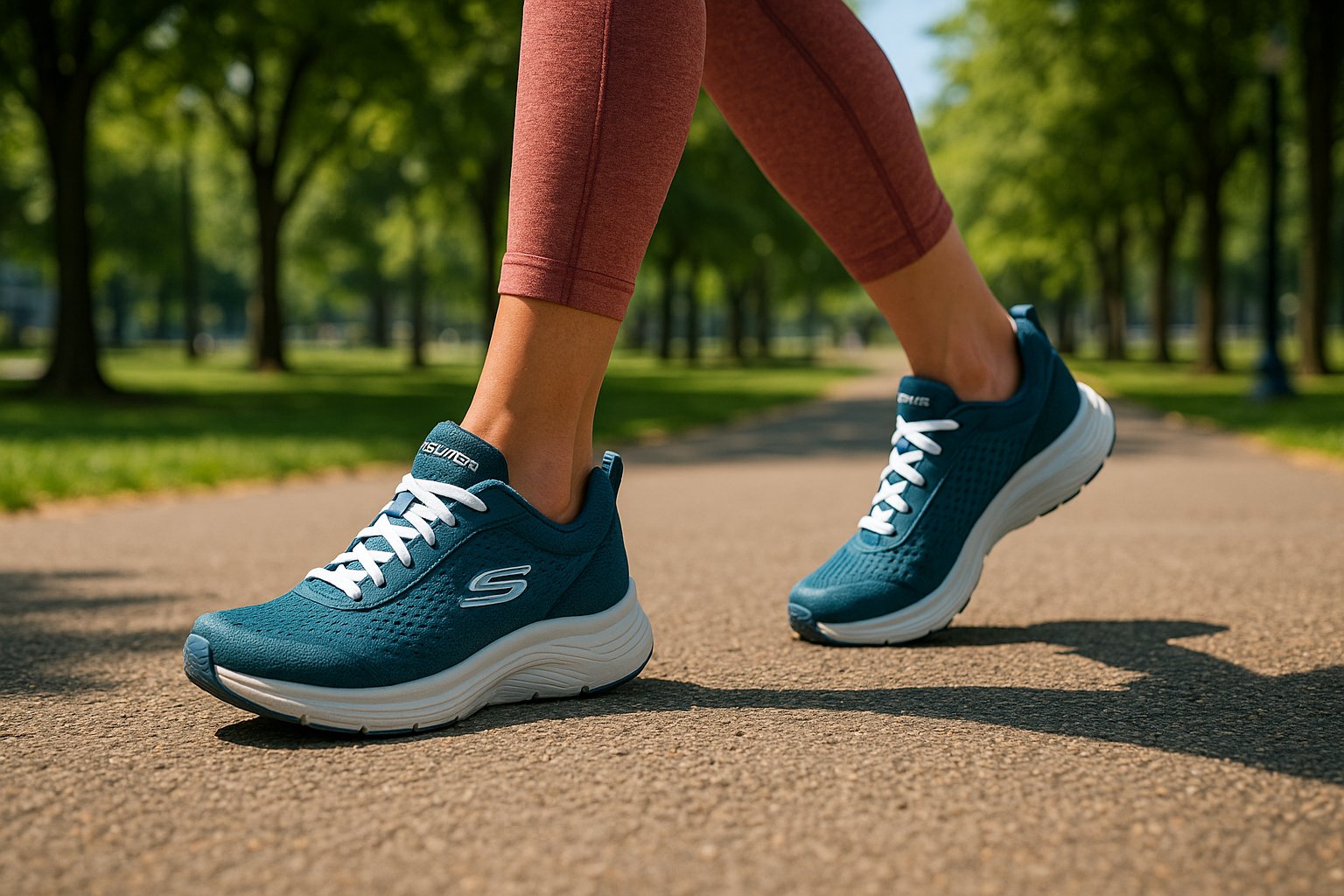 tênis Skechers caminhada em parque com conforto e saúde