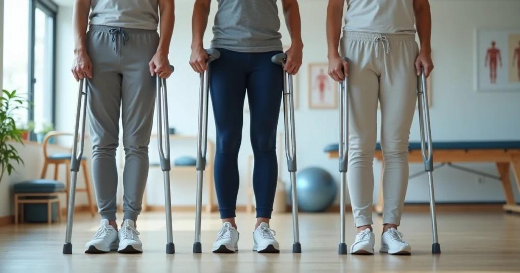 Pessoa em reabilitação usando diferentes tipos de muletas em clínica de fisioterapia