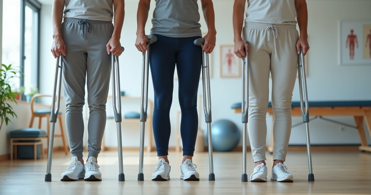 Pessoa em reabilitação usando diferentes tipos de muletas em clínica de fisioterapia