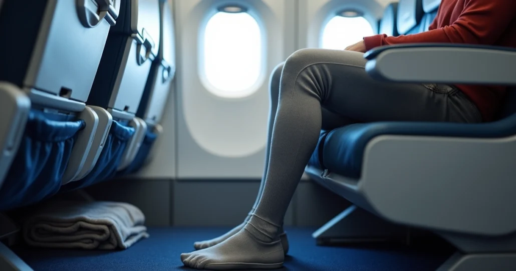 Pessoa em avião vestindo meias de compressão acomodando as pernas no assento
