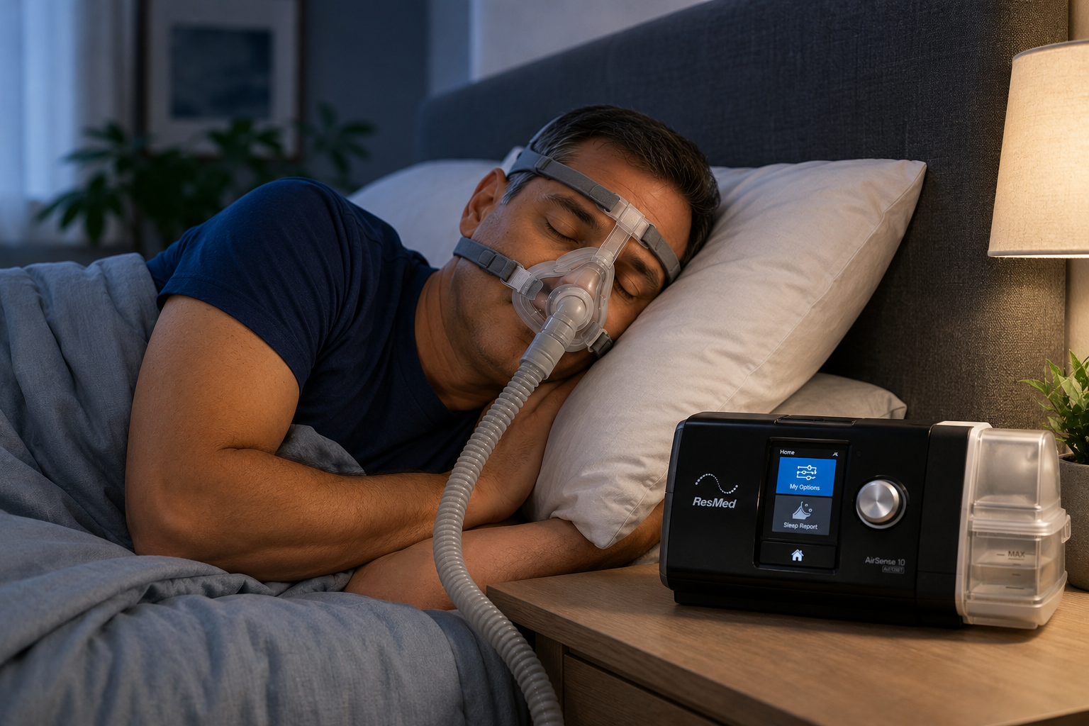 Paciente utilizando aparelho CPAP com máscara nasal durante o sono para tratamento da apneia obstrutiva do sono.