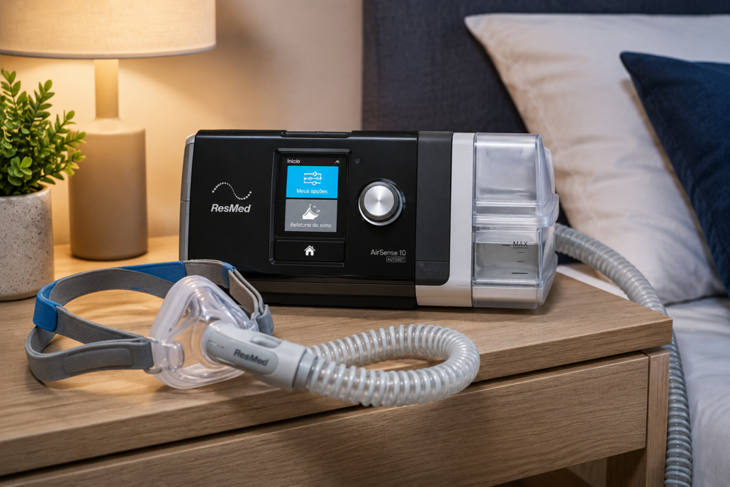 Aparelho CPAP automático com umidificador integrado e máscara nasal sobre mesa de cabeceira.