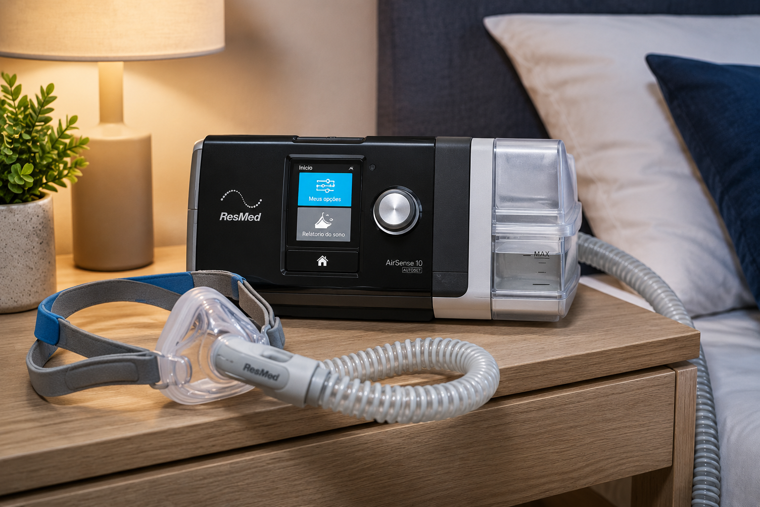 Aparelho CPAP automático com umidificador integrado e máscara nasal sobre mesa de cabeceira.