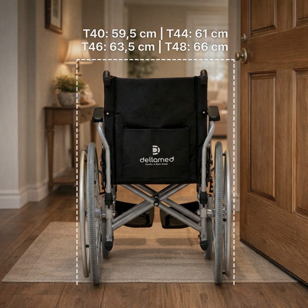 Ilustra��o mostrando largura da Cadeira de Rodas D600 Dellamed e medida necess�ria para passar pela porta