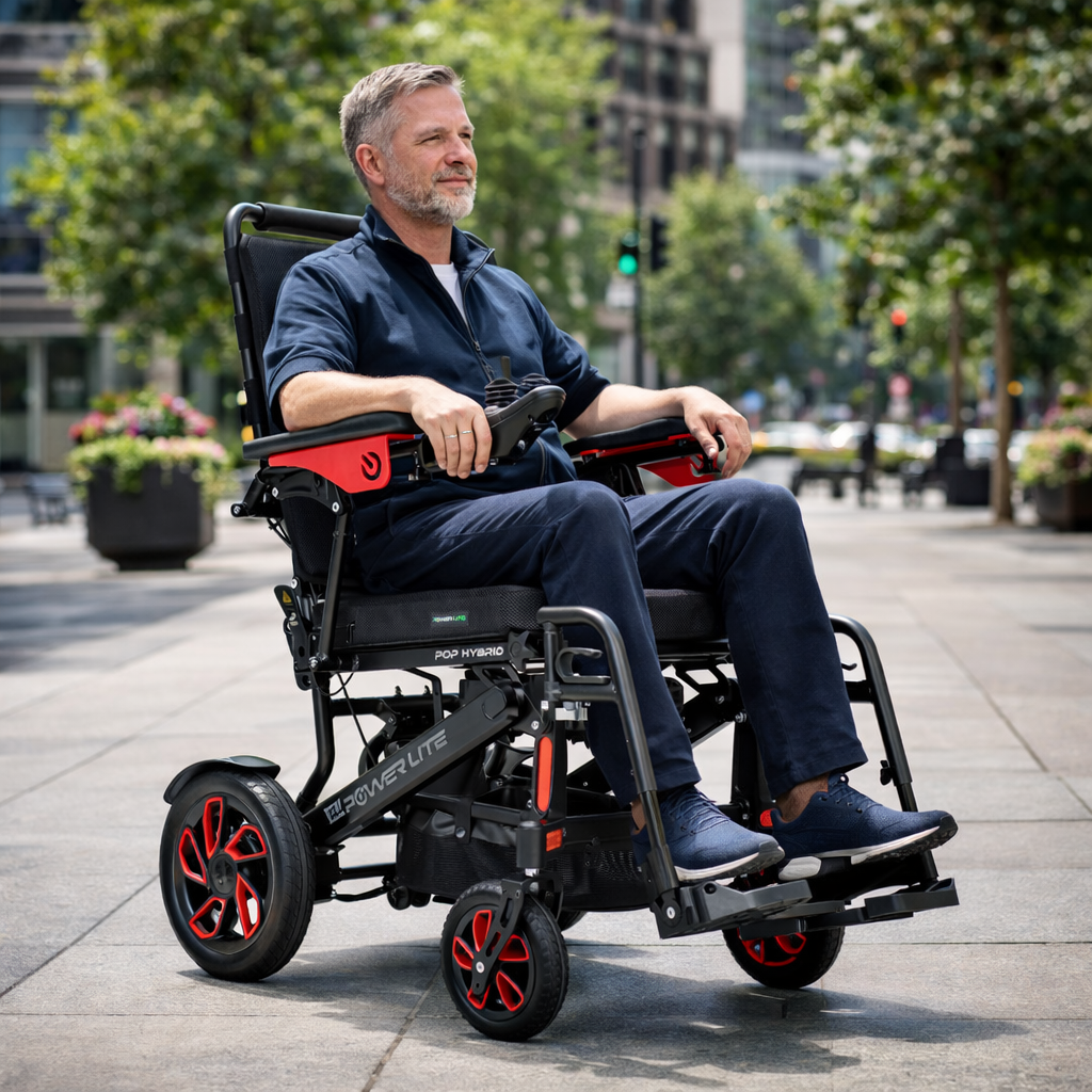 Pessoa utilizando a cadeira de rodas motorizada Pop Hybrid Power Lite em passeio ao ar livre