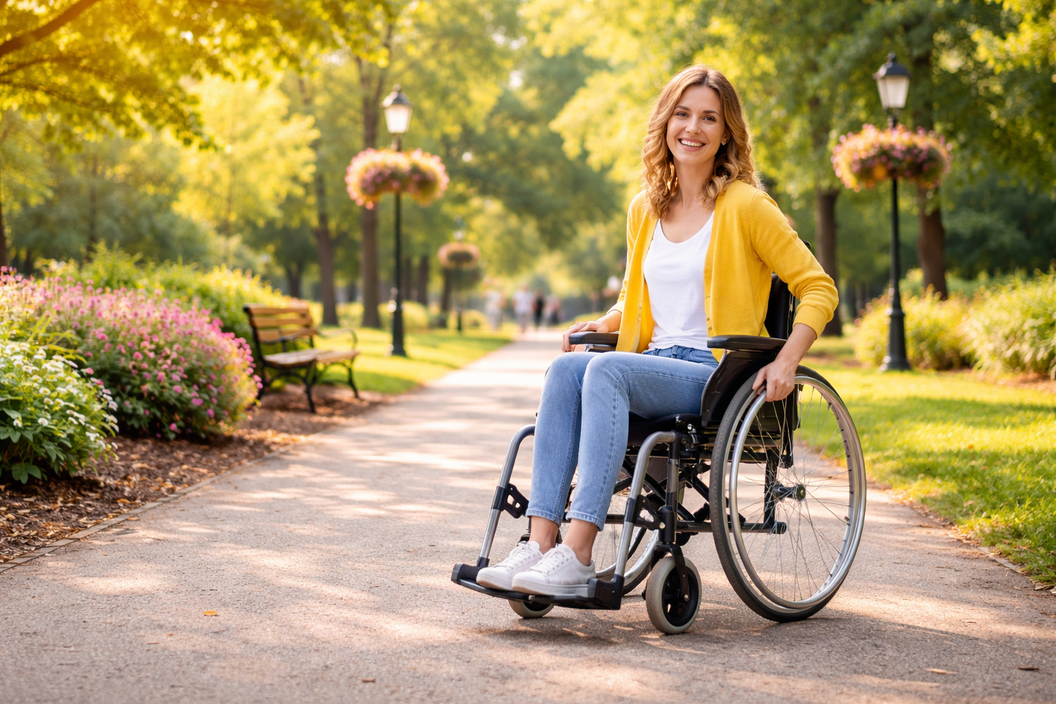 Pessoa feliz utilizando cadeira de rodas